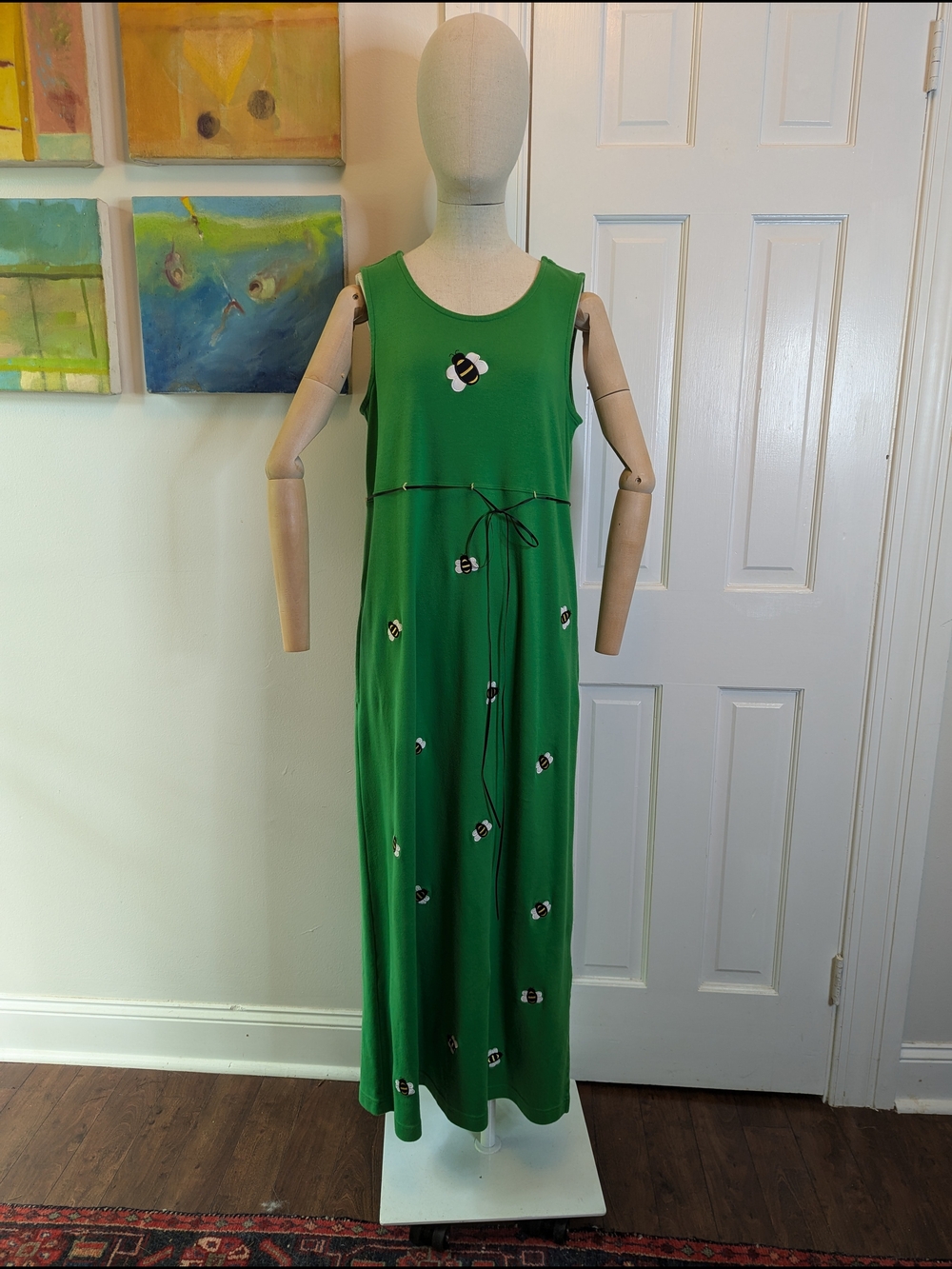 Bechamel Green Sleeveless Maxi Dress with Bee Embroideries